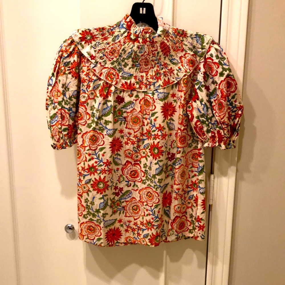 Sohana XS Floral Smocked Collar Puff Sleeve Blouse - Cream/Red